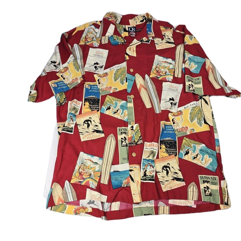 QuickSilver Shirt Men's L Hawaiian Postcard Surfer Print Aloha Camp Beach Casual
